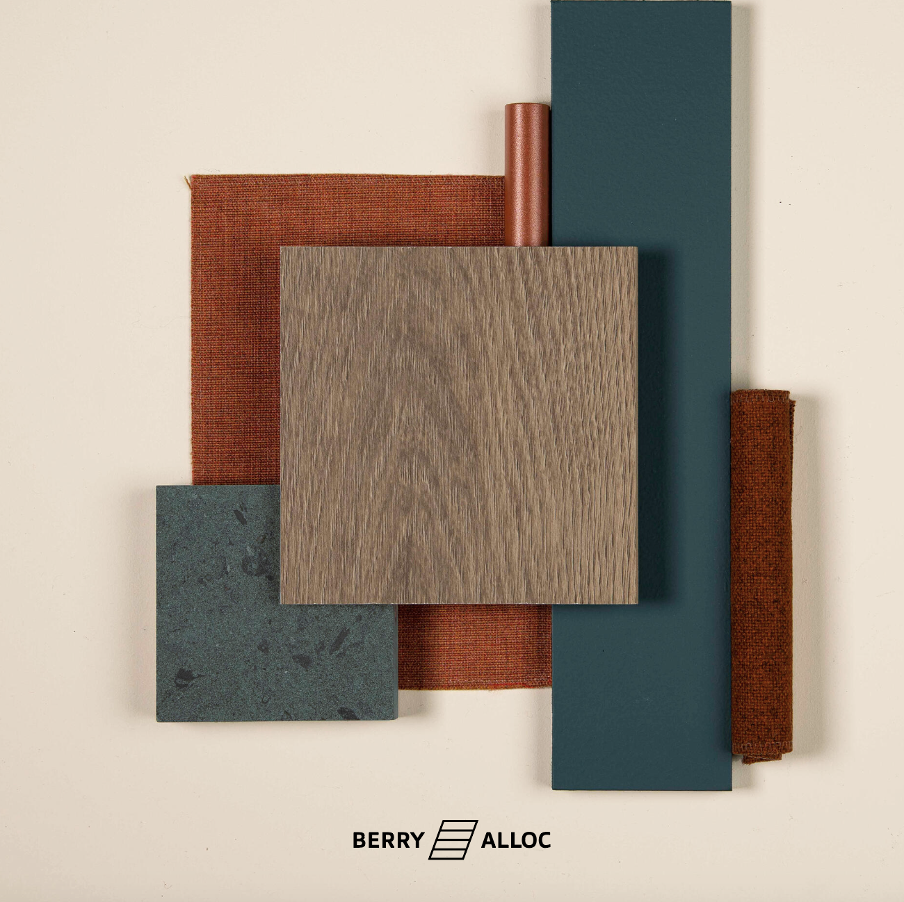 Moodboard, une planche d'inspiration proposée par BerryAlloc fabricant de parquets et sols bois stratifiés. Ici dans les tons chêne naturel, avec du vert bouteille et du rouille
